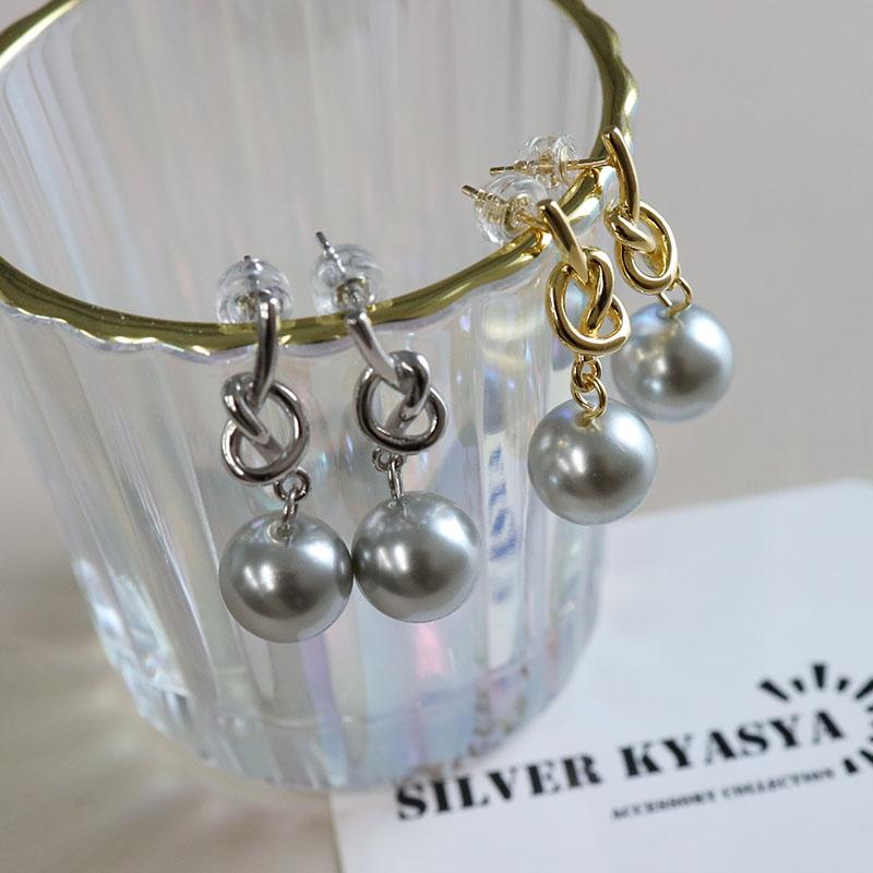 ノットグレーパールピアス 10mm ノットピアス パールピアス 一粒