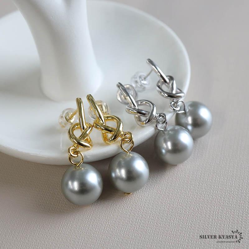 ノットグレーパールピアス 10mm ノットピアス パールピアス 一粒