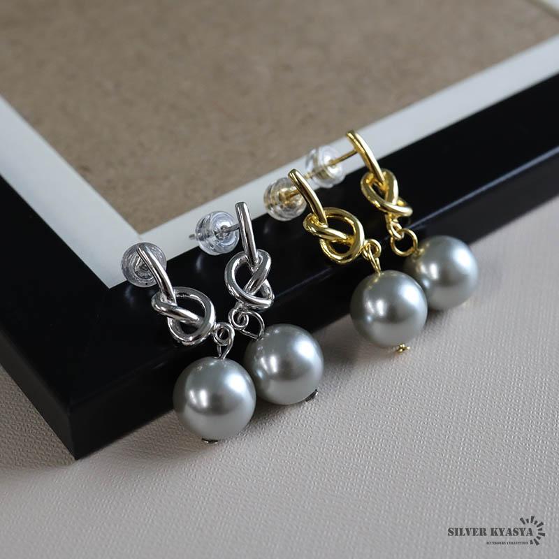 ノットグレーパールピアス 10mm ノットピアス パールピアス 一粒