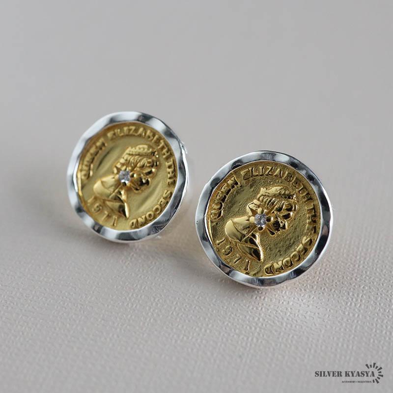 コインピアス エリザベス女王2世 シルバー925 18KGP スタッドピアス 両