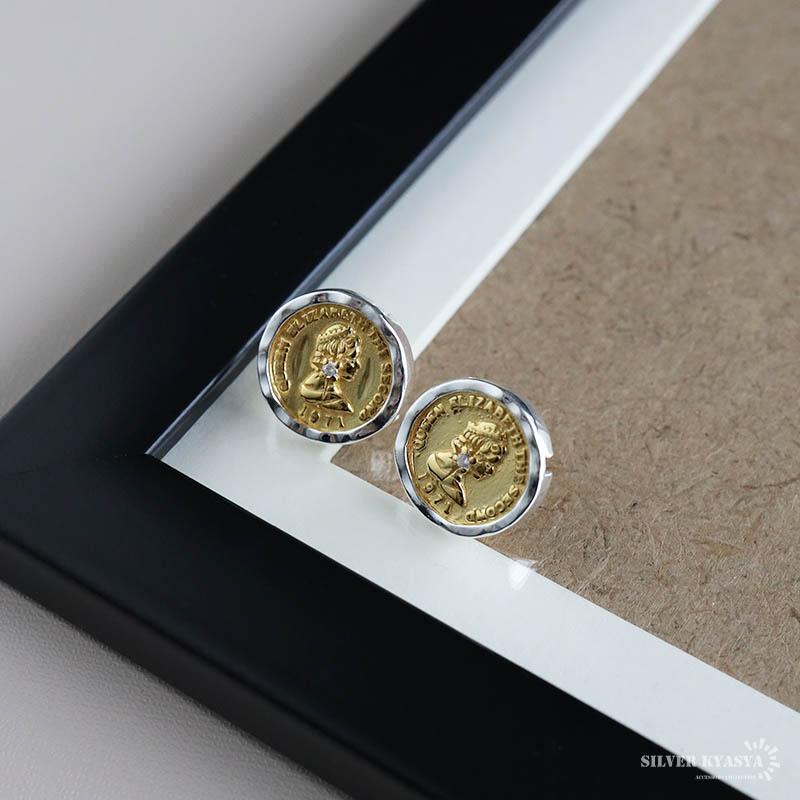 コインピアス エリザベス女王2世 シルバー925 18KGP スタッドピアス 両