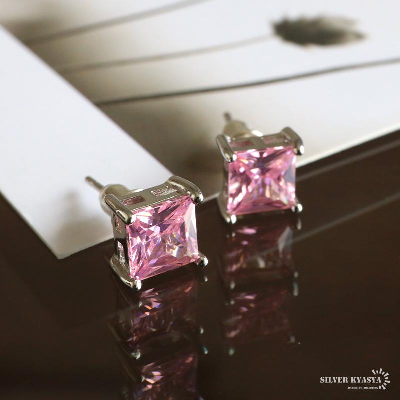 シルバー925 ストーンピアス ピンク 一粒ピアス スタッドピアス