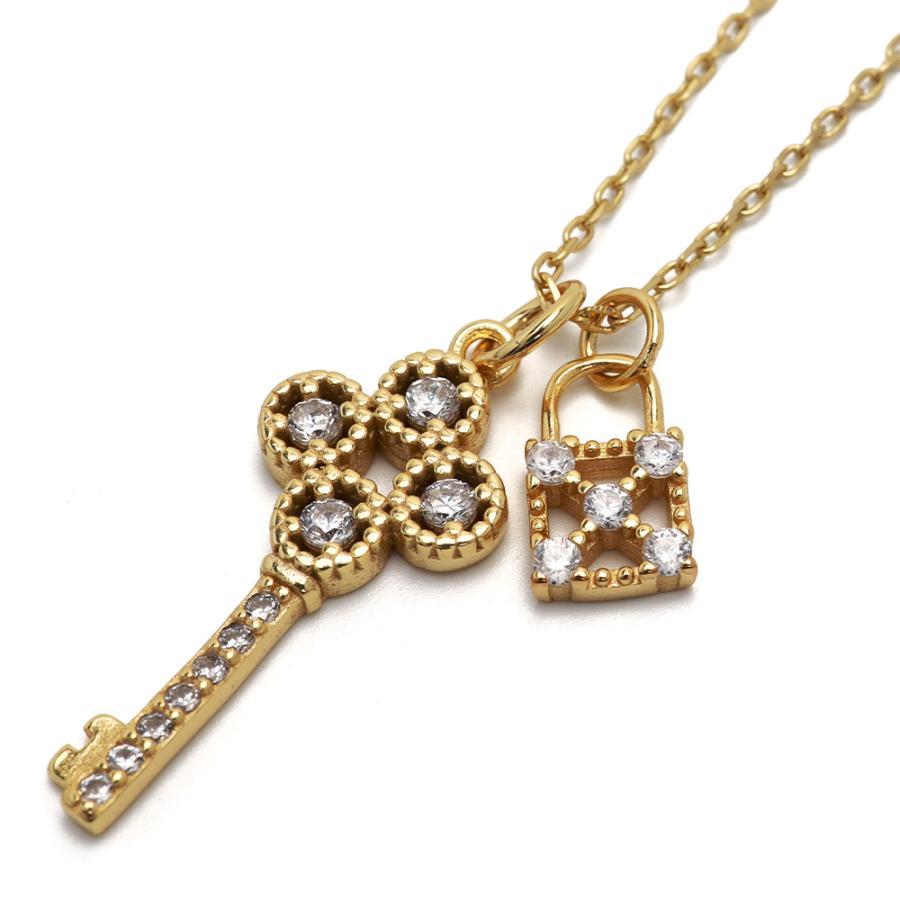 シルバー925 ネックレス 18KGP キーネックレス クローバー 南京錠 輝き