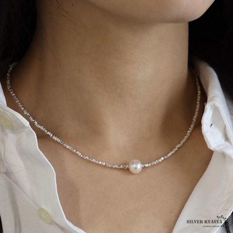 淡水パールネックレス 純銀 不揃い 銀塊 シルバービーズネックレス 一
