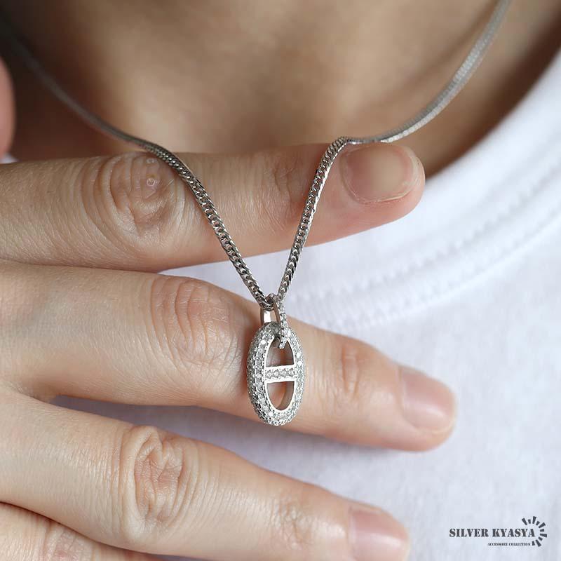 シルバー925 小ぶり アンカーネックレス キラキラ シルバー パヴェ