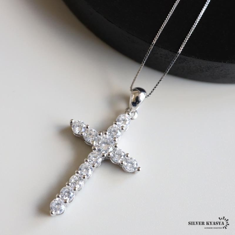シルバー925 クロスネックレス ストーンネックレス 極細 チェーン