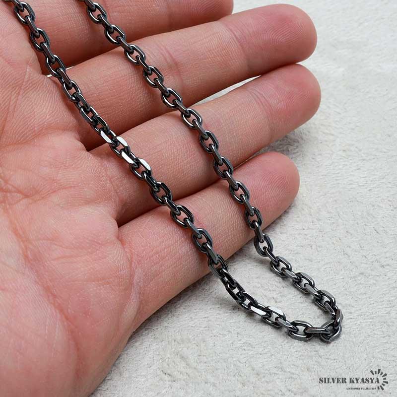 シルバー925 燻し仕上げ あずきチェーン ネックレス 幅4mm 50cm 4面