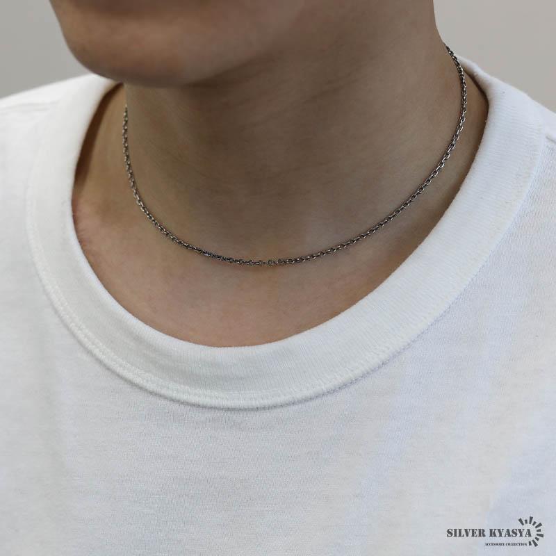 シルバー925 燻し仕上げ あずきチェーン ネックレス 幅2mm 40cm 4面