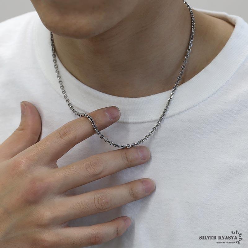 シルバー925 燻し仕上げ あずきチェーン ネックレス 幅3mm 50cm 4面