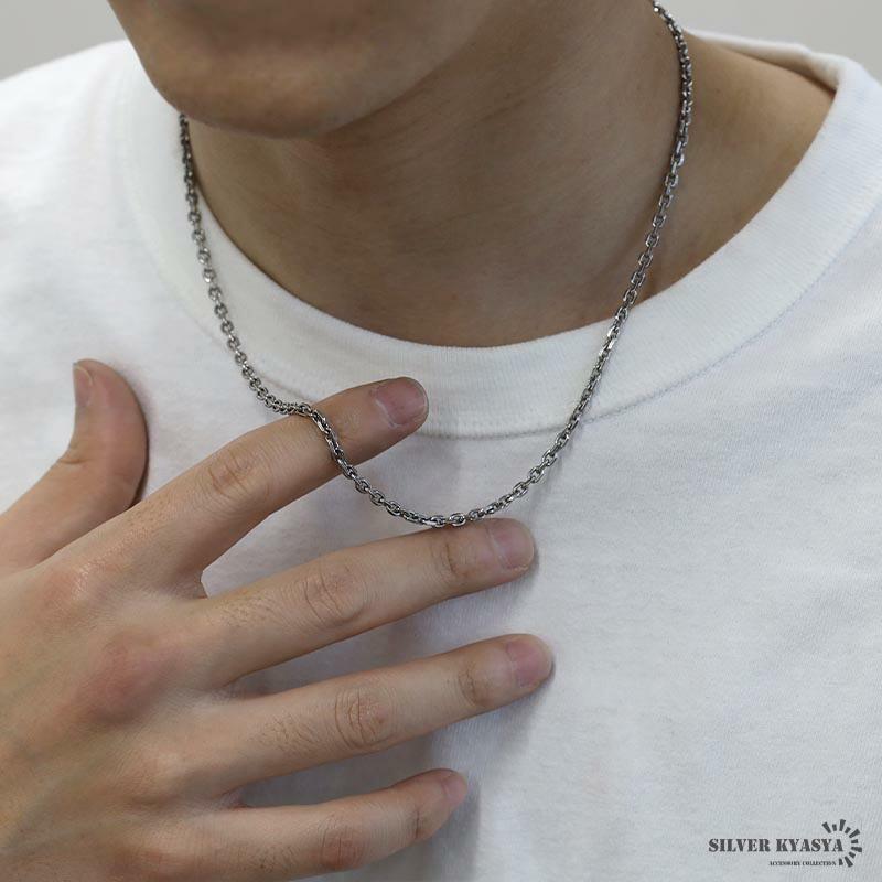 シルバー925 燻し仕上げ あずきチェーン 幅3mm 4面カット ブラック 黒