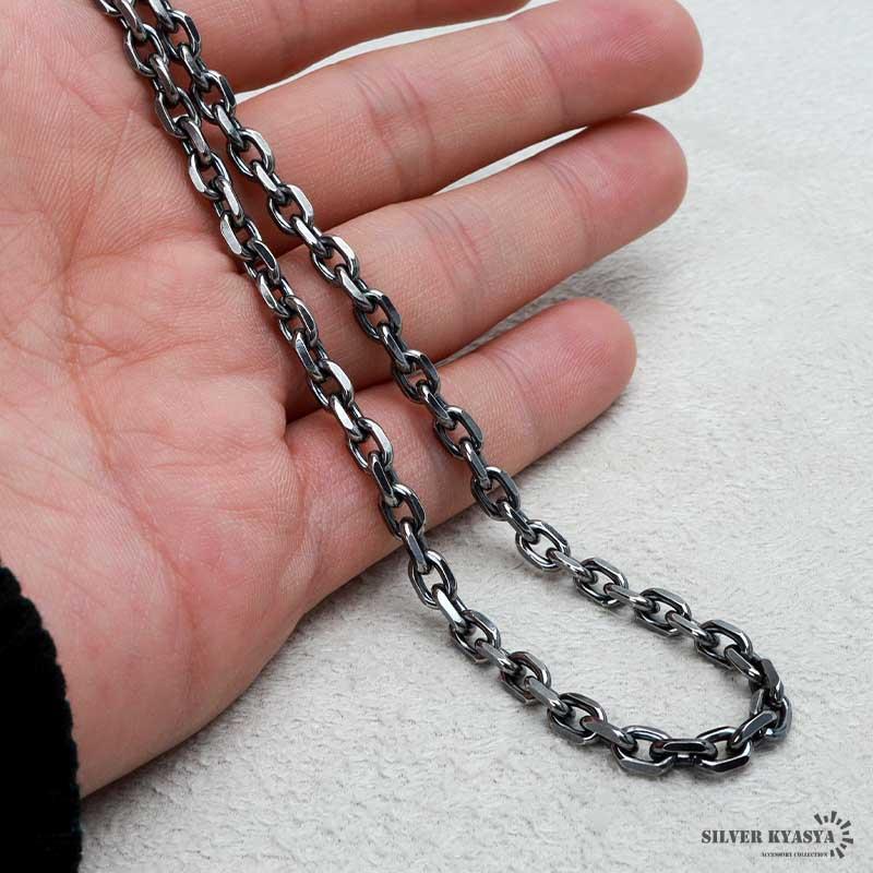 シルバー925 燻し仕上げ あずきチェーン ネックレス 幅5mm 40cm 4面