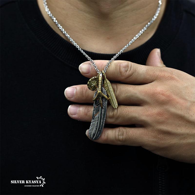 ステンレス 三連フェザーネックレス メンズ シルバー 特大