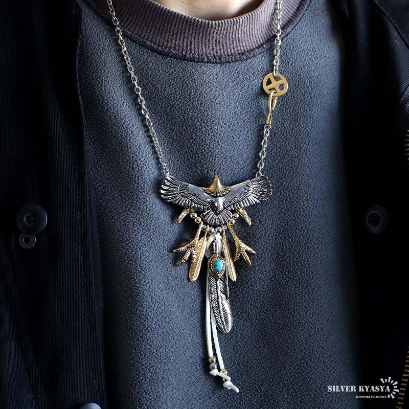 JULIUS 25acu7 USTYLE フェザーネックレス フェザーネックレス シルバー925 羽 ダブルフェザー 金爪 特大