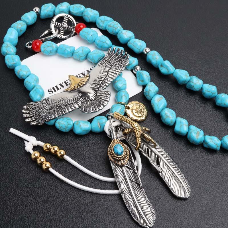 ステンレス素材フェザーネックレス ターコイズ イーグルネックレス