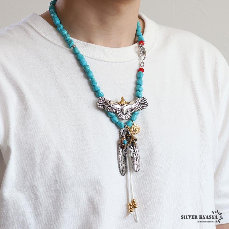 ステンレス素材フェザーネックレス ターコイズ イーグルネックレス