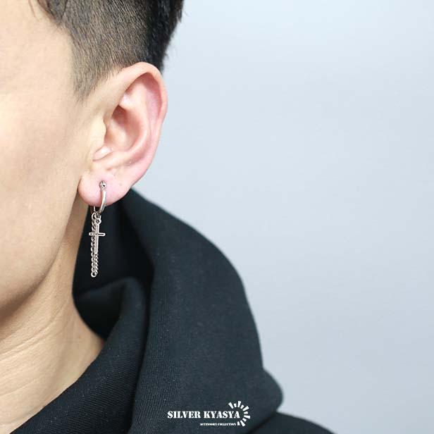 両耳 ピアス ダブルチェーン クロス フープピアス シルバー ステンレス