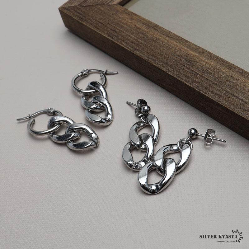 ステンレス チェーンピアス 2タイプ シルバー フープピアス