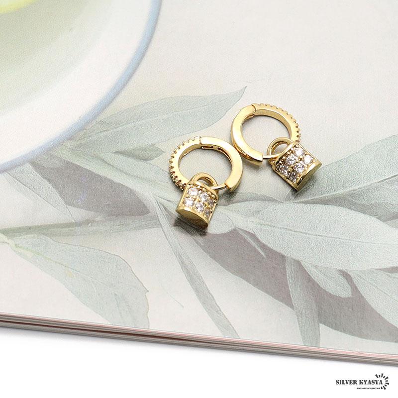 両耳用 フープピアス チャーム 南京錠 鍵 キー CZ AAA パヴェ 爪留め