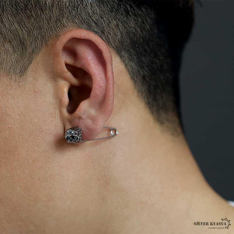 安全ピンピアス ステンレス メンズ モチーフピアス シルバー ウルフ 狼