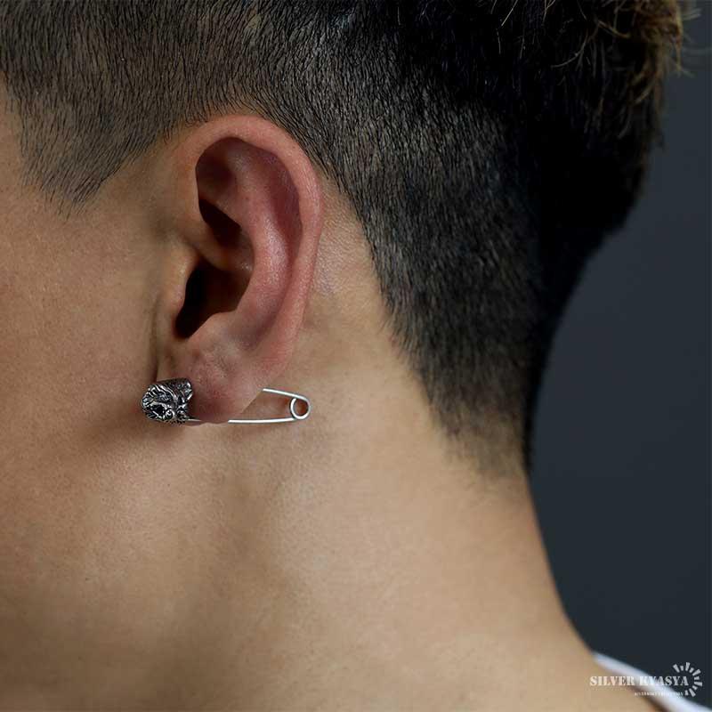 安全ピンピアス ステンレス メンズ モチーフピアス シルバー ウルフ 狼