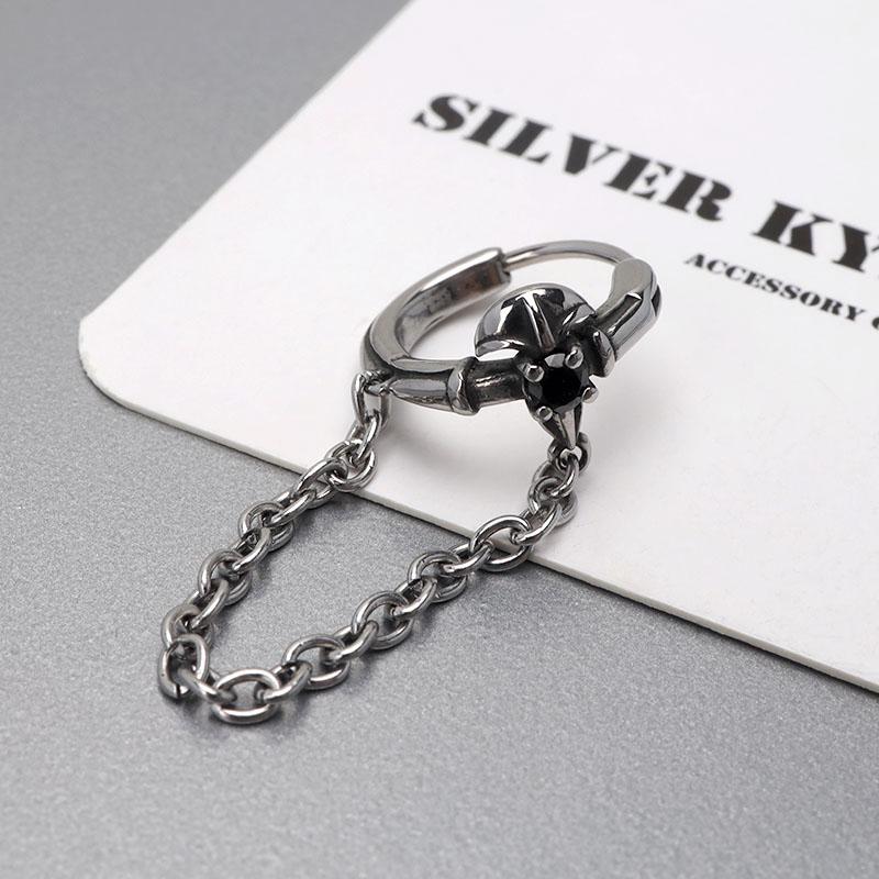 ステンレス素材 オニキス付き フープピアス チェーンピアス クロス