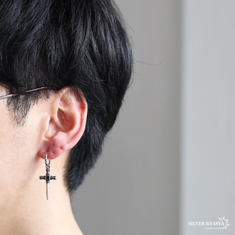 ステンレス製 ソードピアス 剣 フープピアス 髑髏 揺れる シルバー