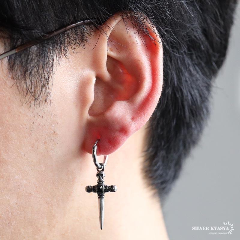 ステンレス製 ソードピアス 剣 フープピアス 髑髏 揺れる シルバー