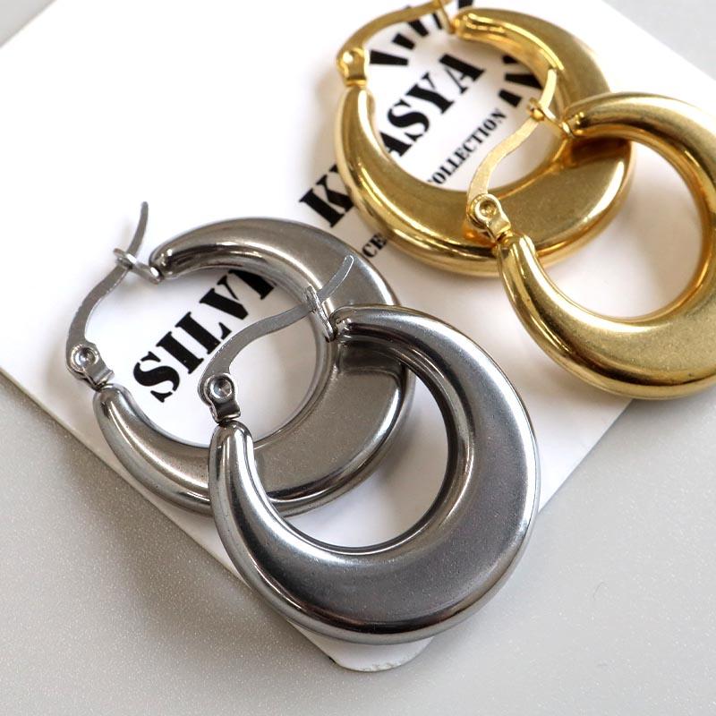 ワイドピアス 三日月 ゴールド シルバー ステンレス フープピアス