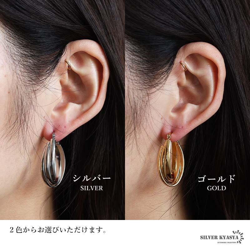 複数買いで最大30％OFFクーポン／ステンレス 大ぶりピアス 3連ピアス