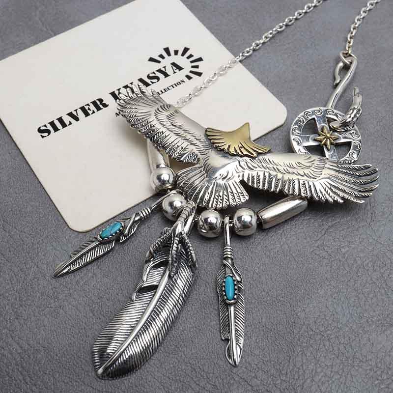 シルバー925 フェザーネックレス イーグルネックレス 羽根 ターコイズ