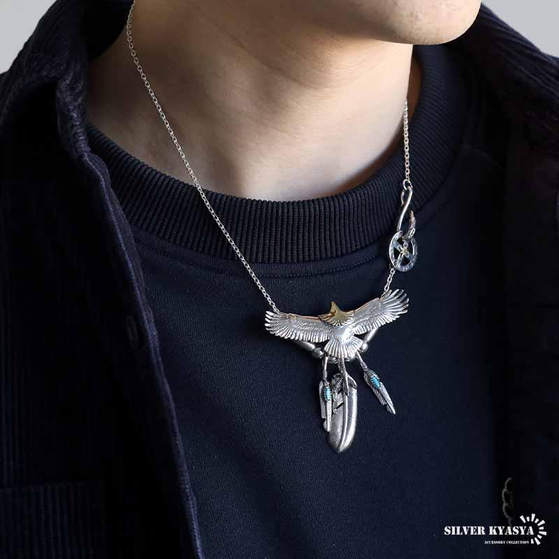 イーグルターコイズネックレス　インレイ技法　シルバー925 イーグルネックレス シルバー925 フェザーネックレス イーグルネックレス 羽根 ターコイズ