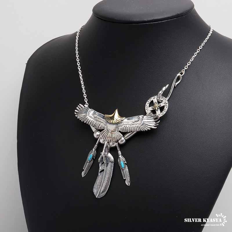シルバー925 フェザーネックレス イーグルネックレス 羽根 ターコイズ