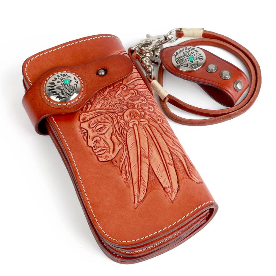 本革 レザーウォレット 深堀り カービング 牛革 二つ折り ネイティブ