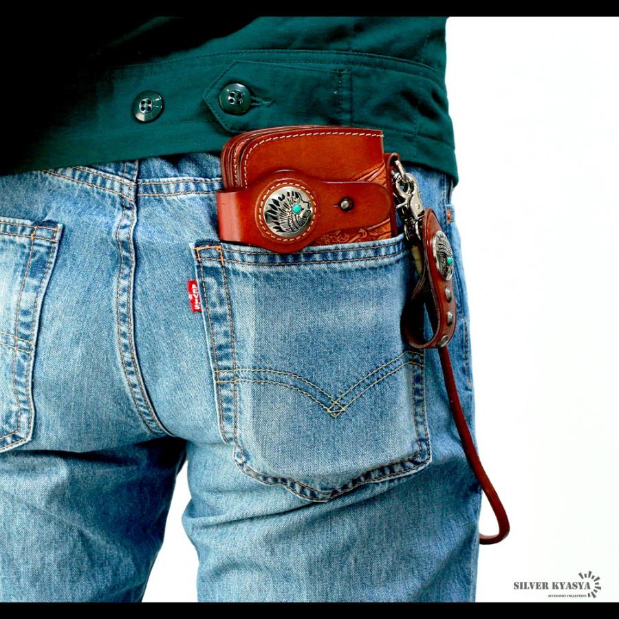 本革 レザーウォレット 深堀り カービング 牛革 二つ折り ネイティブ