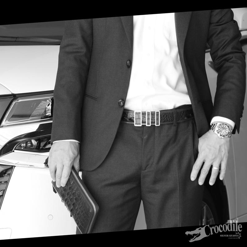 クロコダイル 本革 ワニ ベルト ステンレス 留め具 バックル クラウン