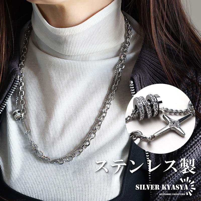ステンレス 2連チェーンネックレス クロスネックレス ジルコニア