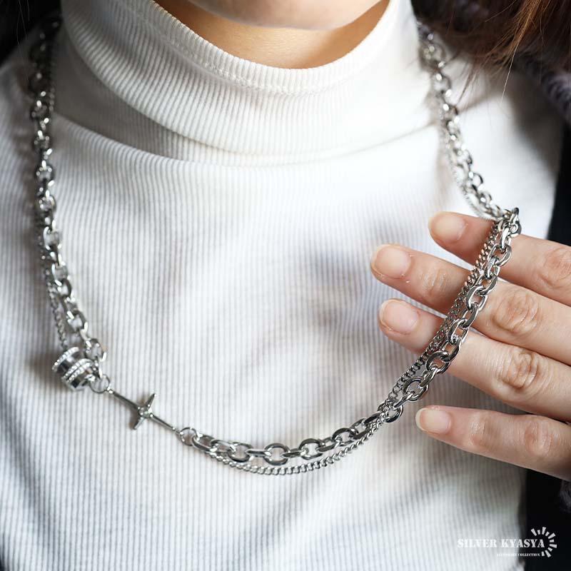 ステンレス 2連チェーンネックレス クロスネックレス ジルコニア