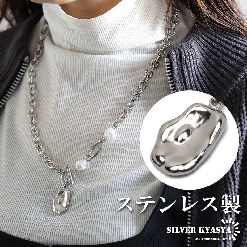 ステンレス タタキネックレス マンテルネックレス 太幅 あずきチェーン