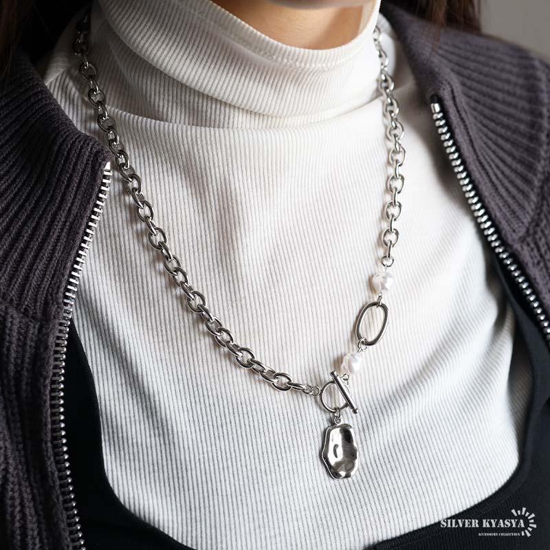 ステンレス タタキネックレス マンテルネックレス 太幅 あずきチェーン