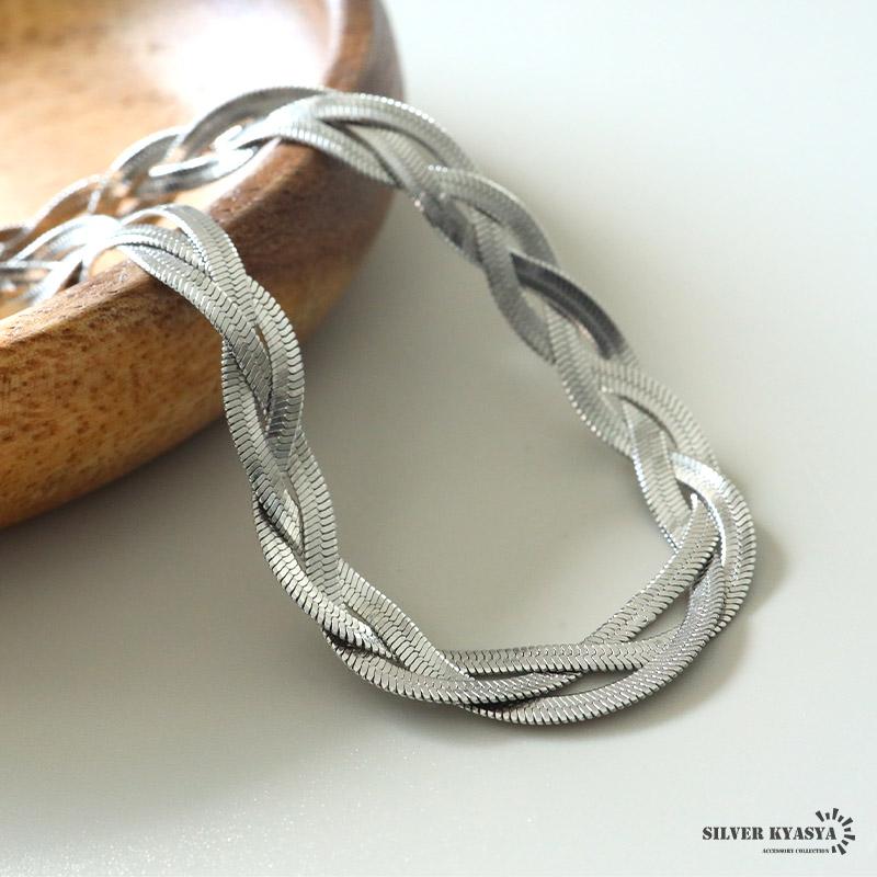 シルバー 編み込み ネックレス*3 ステンレス スネークチェーンネックレス 編み込み 三つ編み 3連