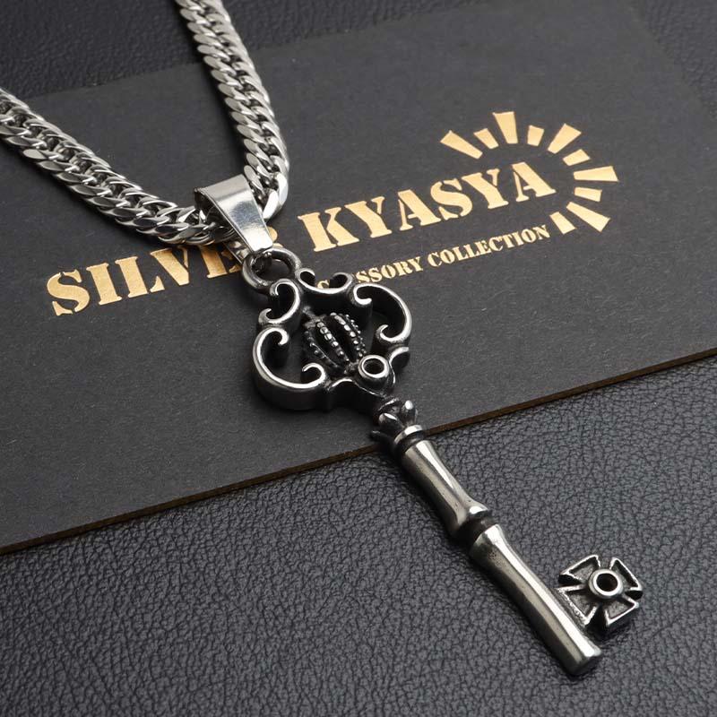 ステンレス クラウンキーネックレス 鍵 王冠 メンズネックレス