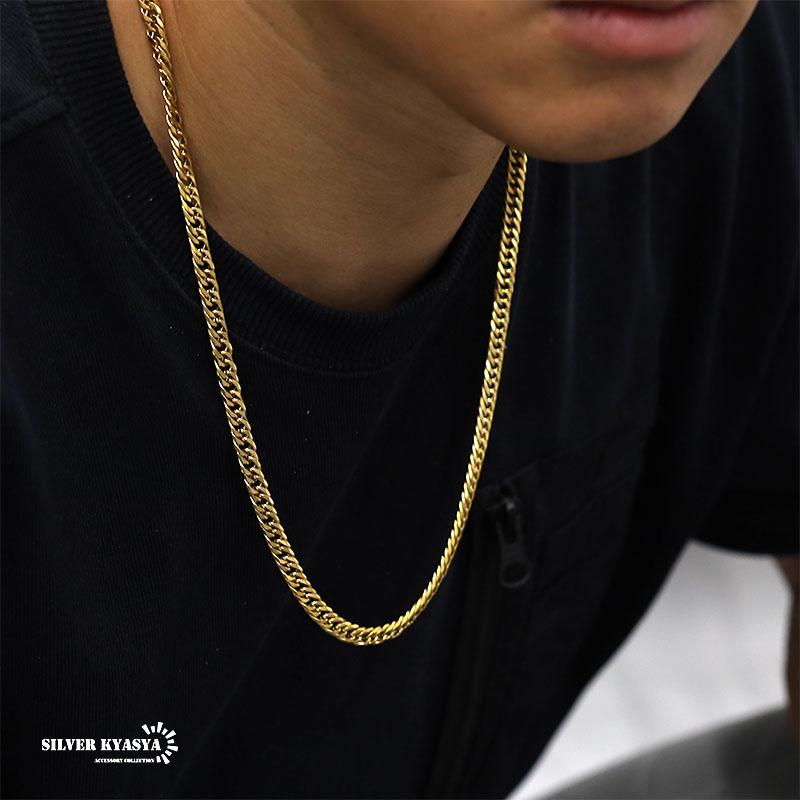 細め 幅6mm ステンレス 6面カット ダブル喜平ネックレス 中折 ゴールド 