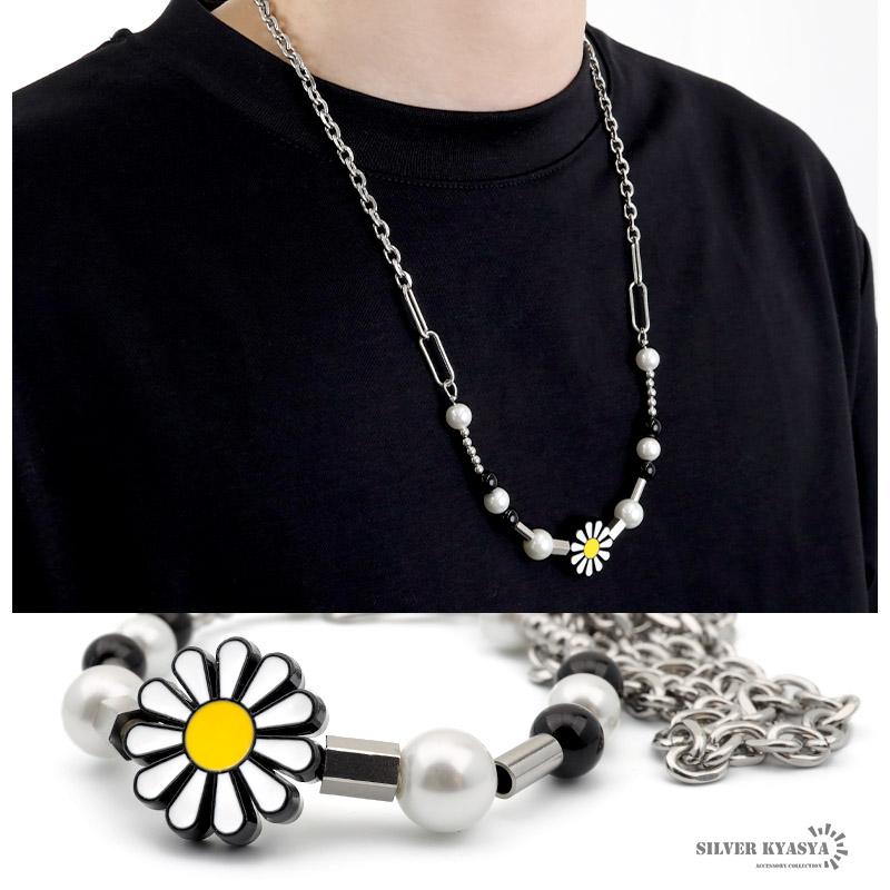 ネックレス メンズ パールネックレス ボールチェーン 菊 Pearl Necklace ストリート Silver 銀色 金属 ステンレス アレルギーフリー シンプル N414 シルバーアクセサリーsilverkyasya 通販 Yahoo ショッピング