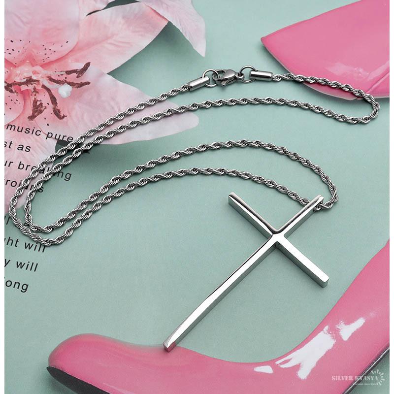 商舗 ステンレス クロスネックレス 十字架 ロープチェーン 細身 細い 45cm Silver シルバー シンプル 男性 Aynaelda Com