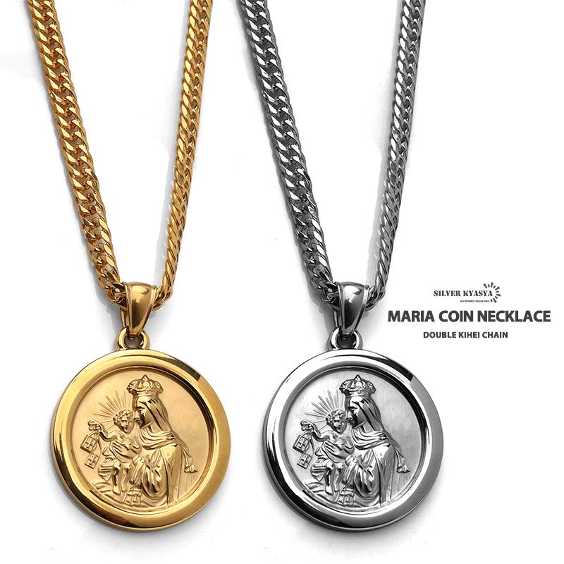 ステンレス素材 6面カット ダブル喜平ネックレス 18k gp 奇跡のメダイ 