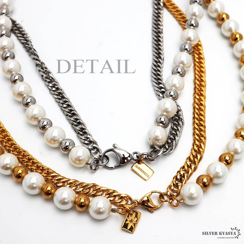 パールネックレス メンズ 6面カット ダブル喜平 ゴールド シルバー 18K