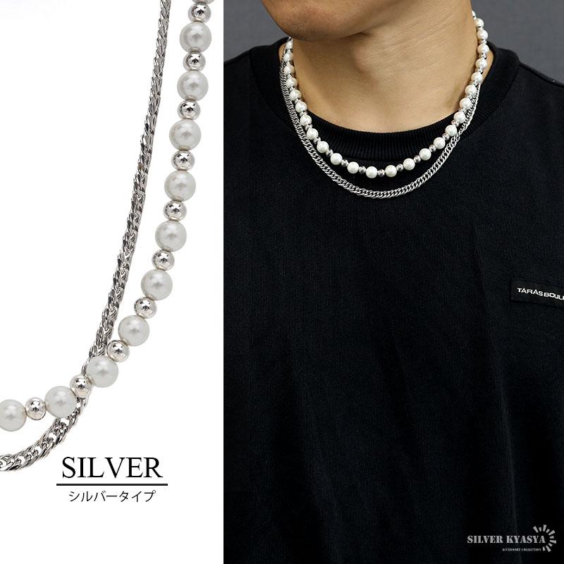 パールネックレス メンズ 6面カット ダブル喜平 ゴールド シルバー 18K