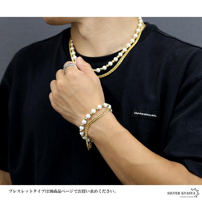 パールネックレス メンズ 6面カット ダブル喜平 ゴールド シルバー 18K