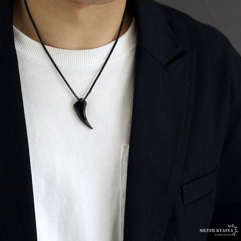 ステンレス 狼の牙 ネックレス シルバー シンプル ブラック 黒 狼牙