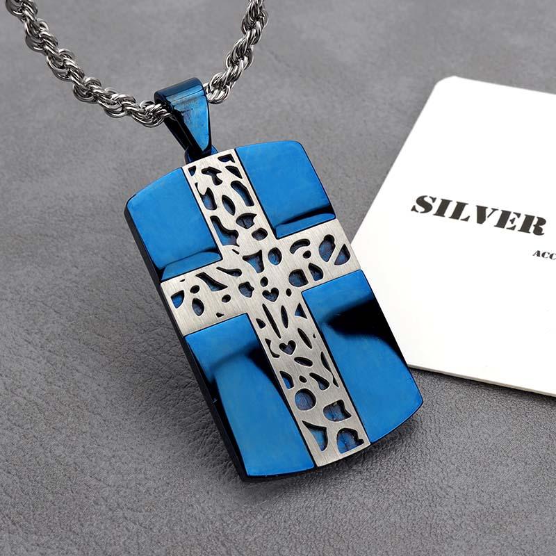 幾何学 クロス模様 ドッグタグネックレス ブルー メンズネックレス